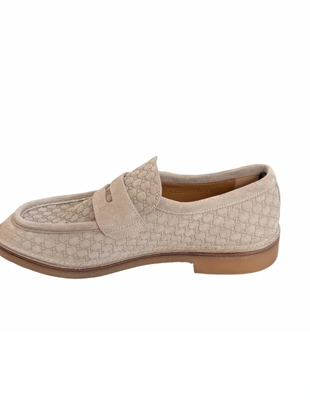 NWT Gucci Beige Suede Monogram Penny Loafers US 9